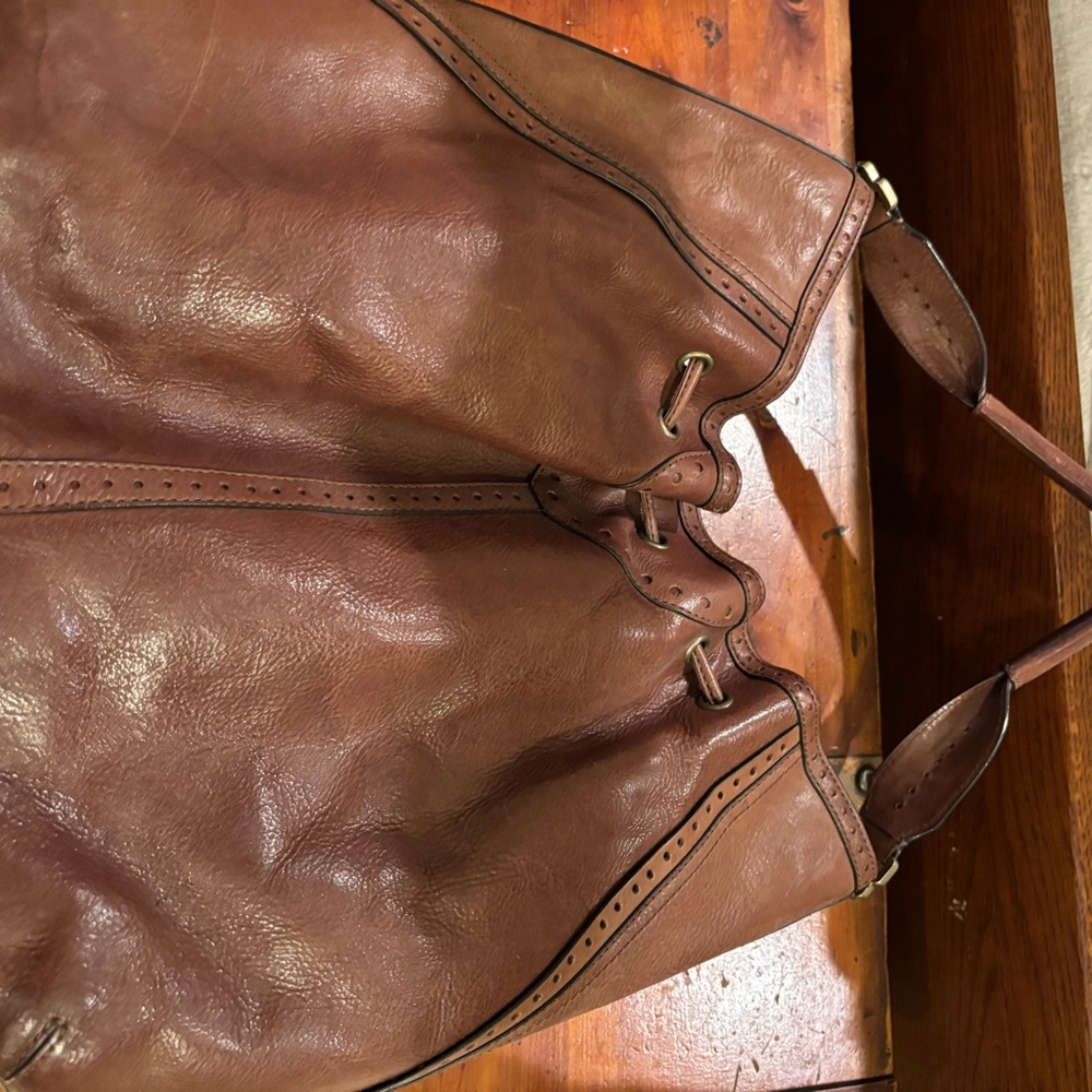 Cole Haan Chestnut Brown Perforated Leather Drawstring Tote - Picture 3 of 4